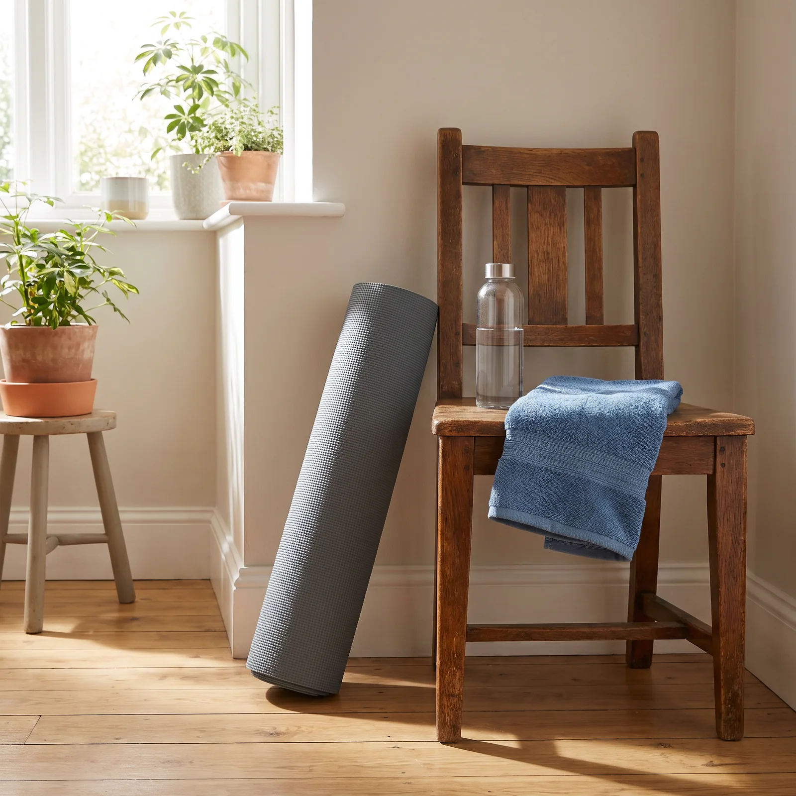 Rincón del salón preparado para entrenar: esterilla, silla y botella de agua